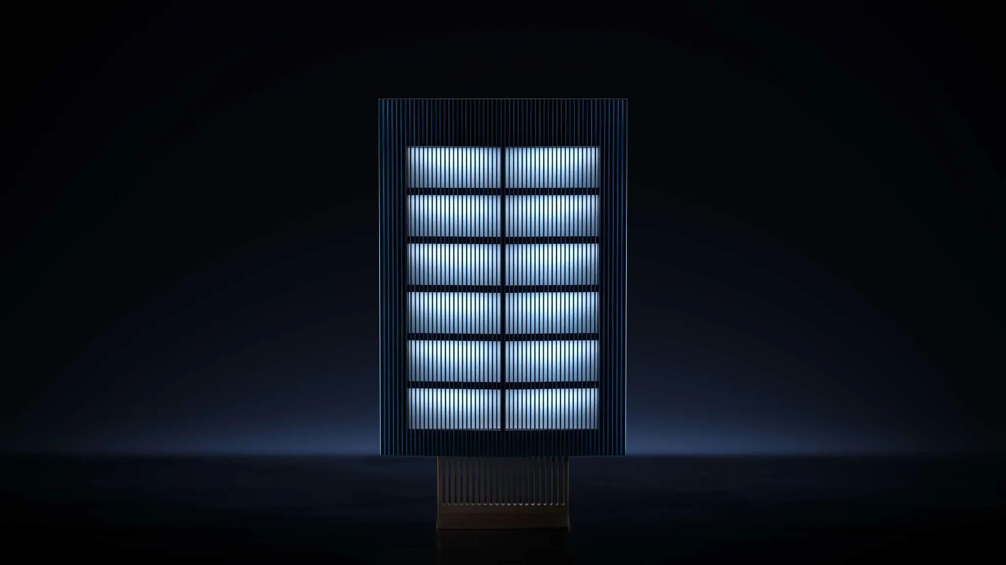 Cool-white atmospheric light behind the front intake grille