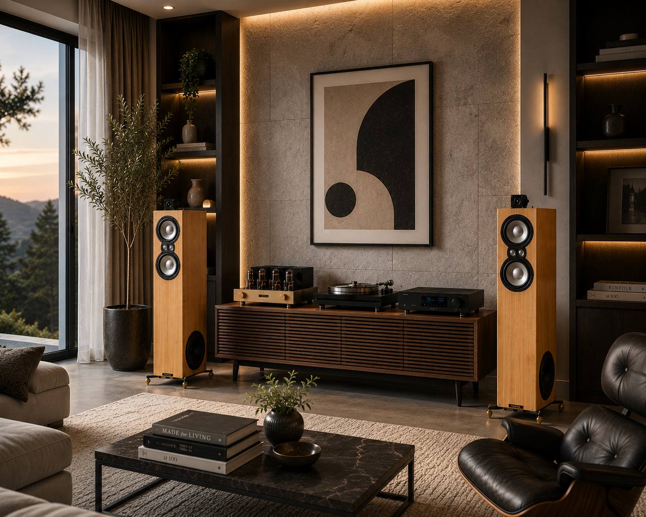 An intimate high-end listening room with floor-standing speakers and warm interior materials